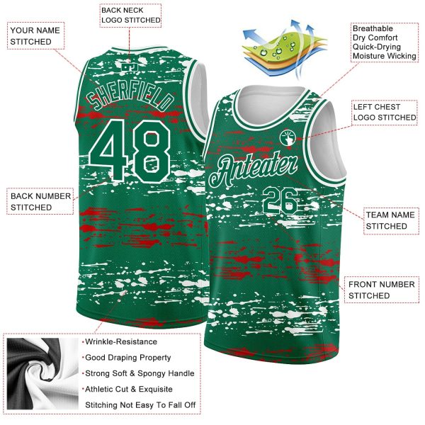 Kelly Green-Red-White3D Mexico Authentic Personalized Basketball Jersey - Image 2