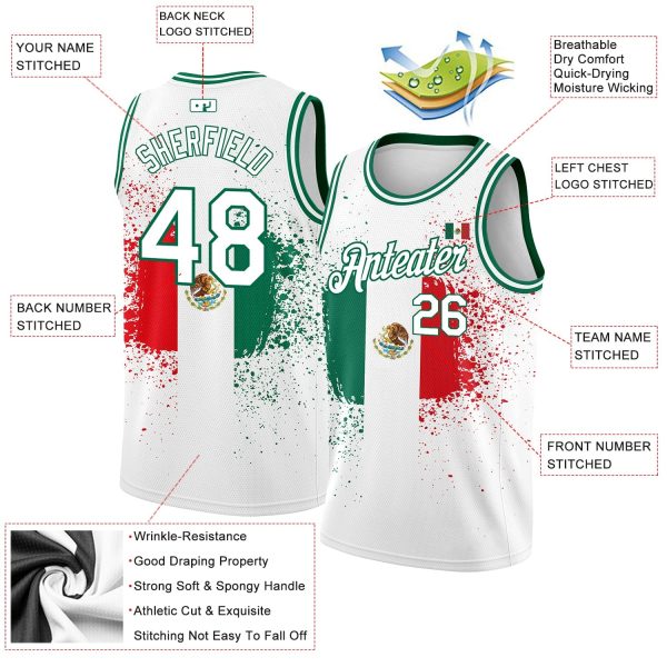 White Kelly Green-Red 3D Mexican Flag Custom Authentic Basketball Jersey - Image 2