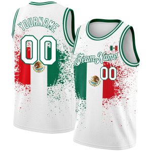 White Kelly Green-Red 3D Mexican Flag Custom Authentic Basketball Jersey