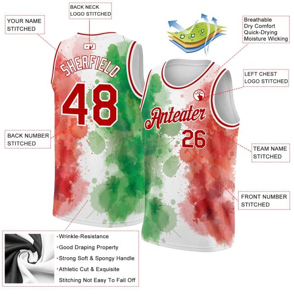 Kelly Green Red-White 3D Mexico Watercolored Splashes Grunge Design Custom Authentic Basketball Jersey - Image 2