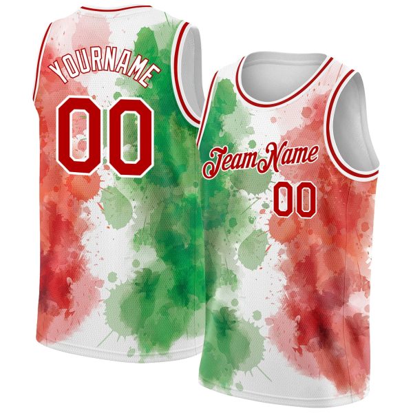 Kelly Green Red-White 3D Mexico Watercolored Splashes Grunge Design Custom Authentic Basketball Jersey