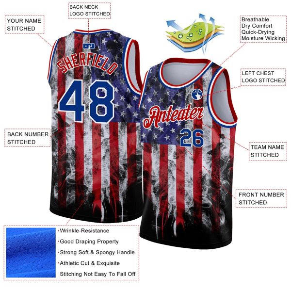 White Royal-Red 3D American Flag Fashion Authentic Personalized Basketball Jersey - Image 2
