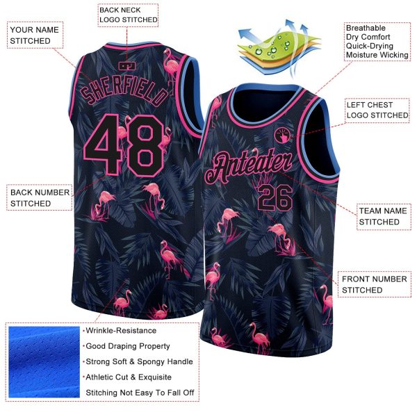 Black Pink-Light Blue 3D Pattern Design Flamingo Authentic Personalized Basketball Jersey - Image 2