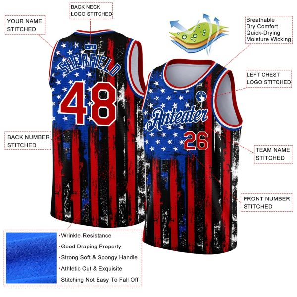 Black Red-Royal 3D American Flag Fashion Authentic Personalized Basketball Jersey - Image 2