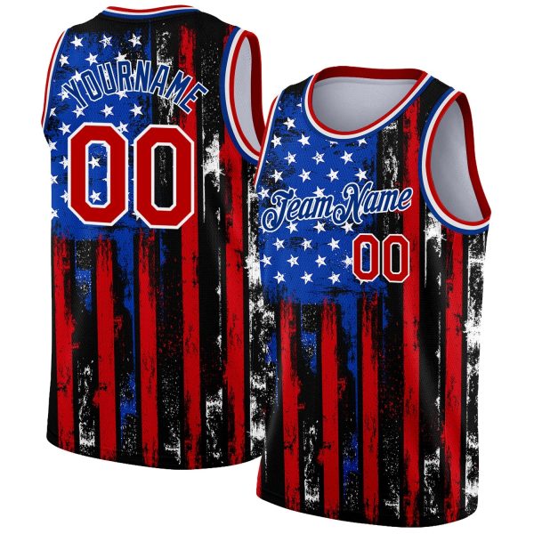 Black Red-Royal 3D American Flag Fashion Authentic Personalized Basketball Jersey