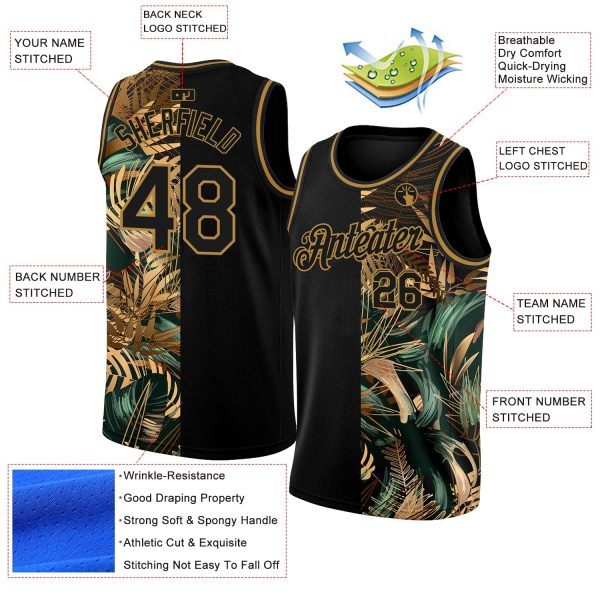 Black Old Gold 3D Pattern Tropical Hawaii Palm Leaves Authentic Personalized Basketball Jersey - Image 2