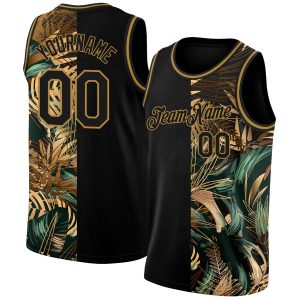 Black Old Gold 3D Pattern Tropical Hawaii Palm Leaves Authentic Personalized Basketball Jersey