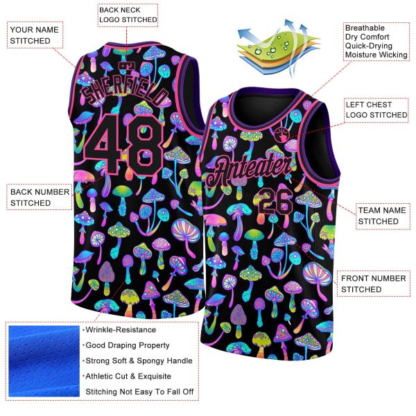 Black Pink 3D Pattern Design Magic Mushrooms Psychedelic Hallucination Authentic Personalized Basketball Jersey - Image 2