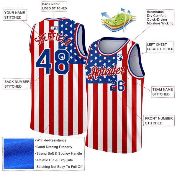 White Royal-Red 3D American Flag Fashion Authentic Personalized Basketball Jersey - Image 2