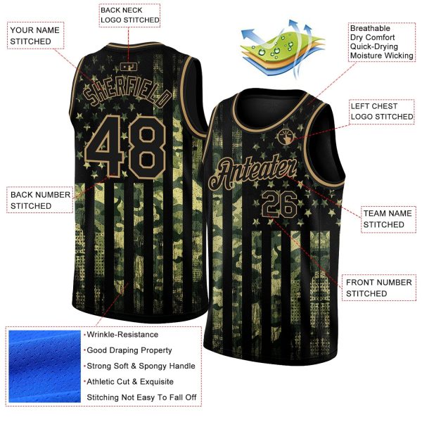 Camo Black-Old Gold 3D American Flag Fashion Authentic Salute To Service Personalized Basketball Jersey - Image 2