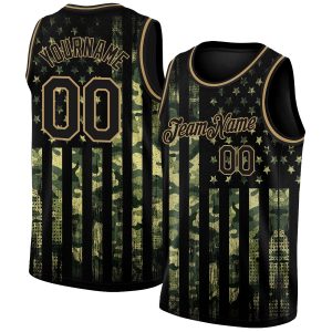 Camo Black-Old Gold 3D American Flag Fashion Authentic Salute To Service Personalized Basketball Jersey