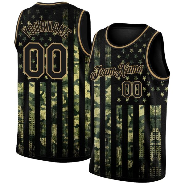 Camo Black-Old Gold 3D American Flag Fashion Authentic Salute To Service Personalized Basketball Jersey