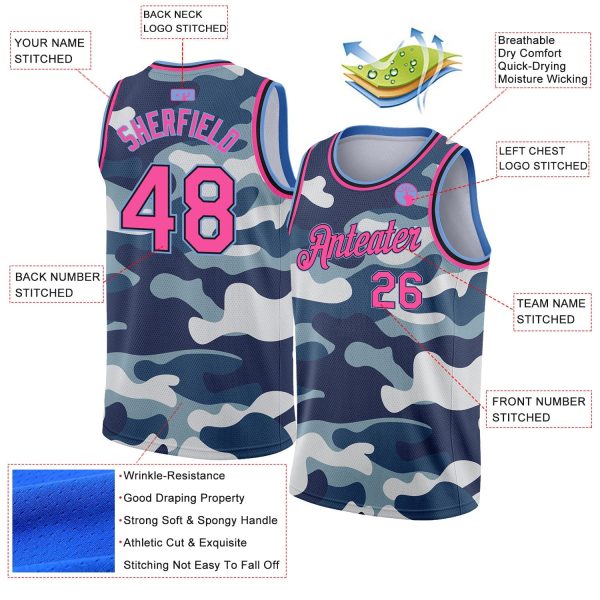 Camo Pink Black-Light Blue 3D Authentic Salute To Service Personalized Basketball Jersey - Image 2