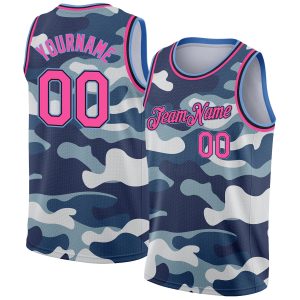 Camo Pink Black-Light Blue 3D Authentic Salute To Service Personalized Basketball Jersey