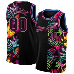 Black Pink-Light Blue 3D PatternTropical Hawaii Palm Leaves Authentic Personalized Basketball Jersey