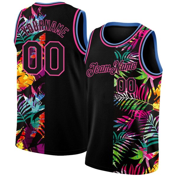 Black Pink-Light Blue 3D PatternTropical Hawaii Palm Leaves Authentic Personalized Basketball Jersey