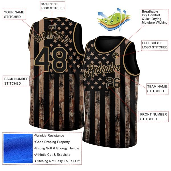 Camo Black-Old Gold 3D American Flag Fashion Authentic Salute To Service Personalized Basketball Jersey - Image 2