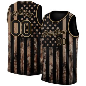Camo Black-Old Gold 3D American Flag Fashion Authentic Salute To Service Personalized Basketball Jersey