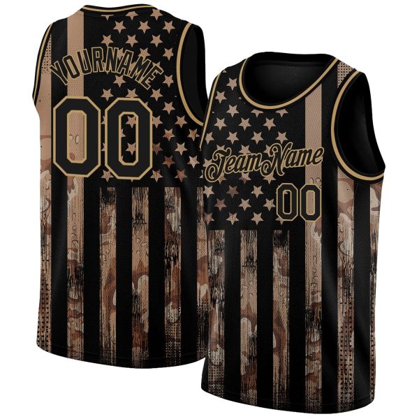 Camo Black-Old Gold 3D American Flag Fashion Authentic Salute To Service Personalized Basketball Jersey