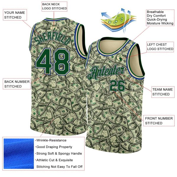 Cream Green-Royal 3D Pattern Design Dollar Authentic Personalized Basketball Jersey - Image 2