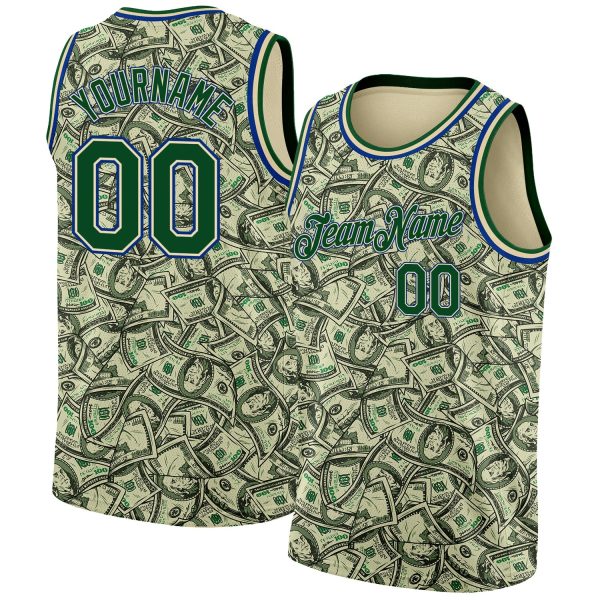 Cream Green-Royal 3D Pattern Design Dollar Authentic Personalized Basketball Jersey