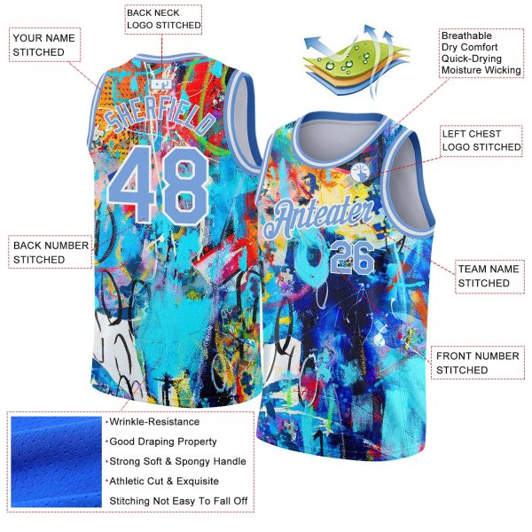 Graffiti Pattern Light Blue-White 3D Grunge Art Authentic Personalized Basketball Jersey - Image 2