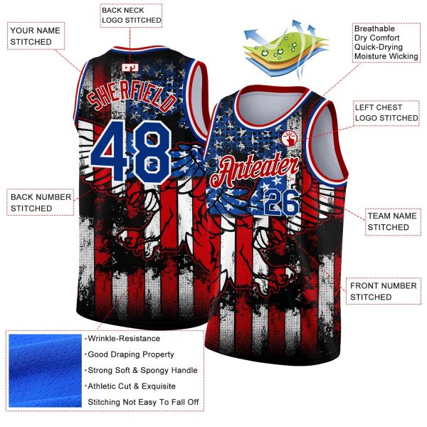 Black Royal-Red 3D Eagle American Flag Authentic Personalized Basketball Jersey - Image 2