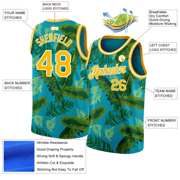 Teal Gold-White 3D Pattern Tropical Hawaii Leaves Authentic Personalized Basketball Jersey - Image 2