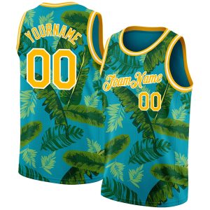 Teal Gold-White 3D Pattern Tropical Hawaii Leaves Authentic Personalized Basketball Jersey