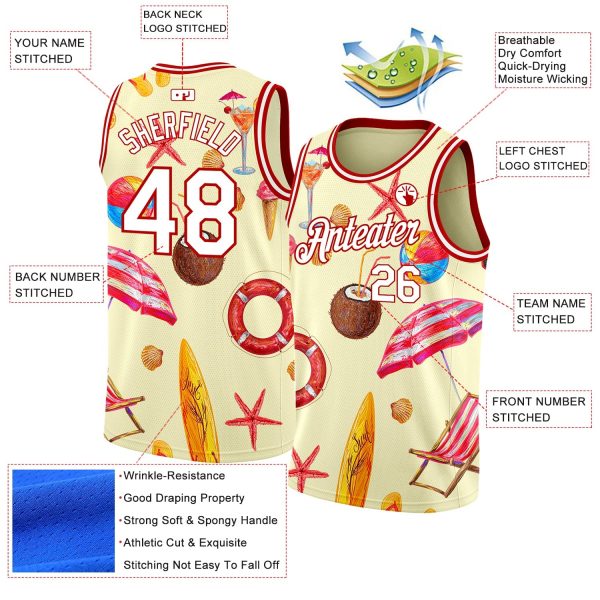 Cream White-Red 3D Pattern Tropical Hawaii Beach Authentic Personalized Basketball Jersey - Image 2