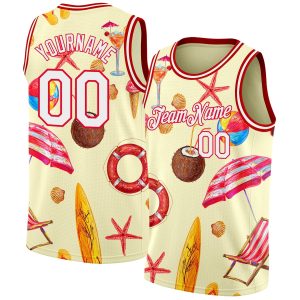 Cream White-Red 3D Pattern Tropical Hawaii Beach Authentic Personalized Basketball Jersey