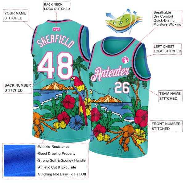 Aqua Pink Light Blue-Black 3D Pattern Tropical Beach Hawaii Palm Trees Authentic Personalized Basketball Jersey - Image 2