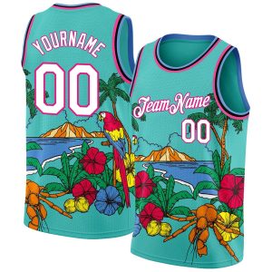 Aqua Pink Light Blue-Black 3D Pattern Tropical Beach Hawaii Palm Trees Authentic Personalized Basketball Jersey