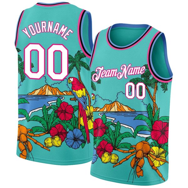 Aqua Pink Light Blue-Black 3D Pattern Tropical Beach Hawaii Palm Trees Authentic Personalized Basketball Jersey
