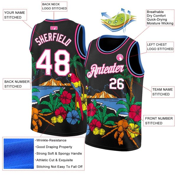 Black White Pink-Light Blue 3D Pattern Tropical Beach Hawaii Palm Trees Authentic Personalized Basketball Jersey - Image 3