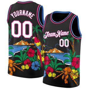 Black White Pink-Light Blue 3D Pattern Tropical Beach Hawaii Palm Trees Authentic Personalized Basketball Jersey