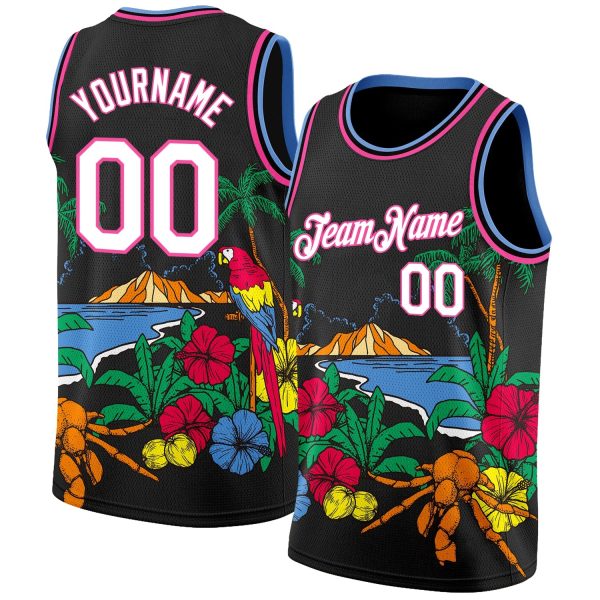 Black White Pink-Light Blue 3D Pattern Tropical Beach Hawaii Palm Trees Authentic Personalized Basketball Jersey