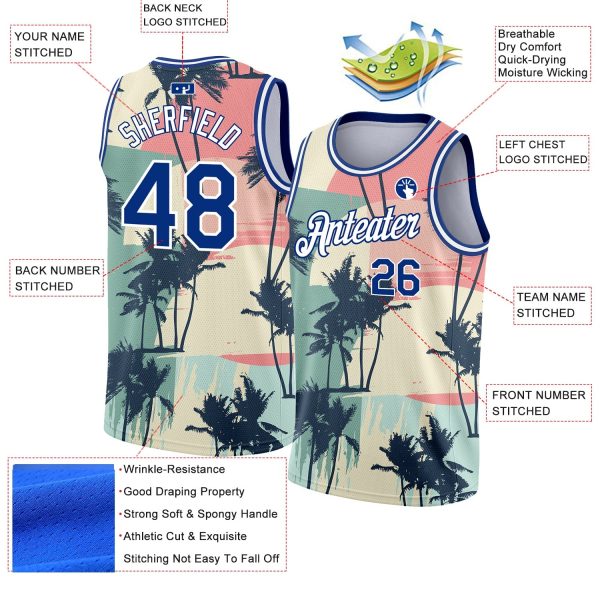 Cream Royal-White 3D Pattern Tropical Hawaii Trees Authentic Personalized Basketball Jersey - Image 2
