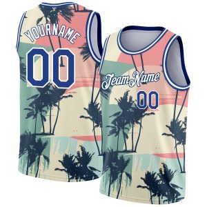 Cream Royal-White 3D Pattern Tropical Hawaii Trees Authentic Personalized Basketball Jersey