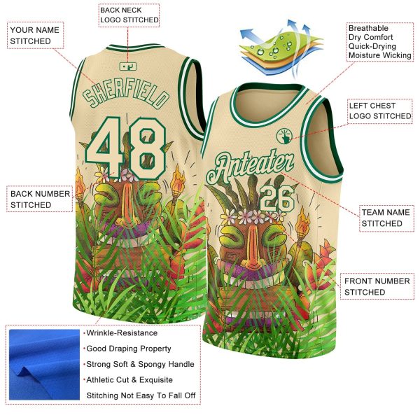 Cream Kelly Green 3D Pattern Cartoon Tropical Hawaii Rainforest Authentic Personalized Basketball Jersey - Image 2
