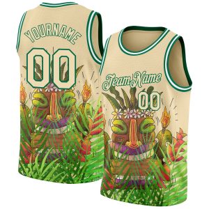 Cream Kelly Green 3D Pattern Cartoon Tropical Hawaii Rainforest Authentic Personalized Basketball Jersey
