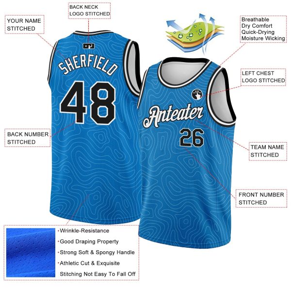Blue Black-White Rounded Zig Zag Lines Authentic City Edition Personalized Basketball Jersey - Image 2