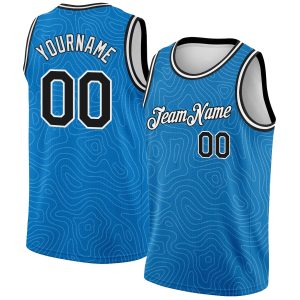 Blue Black-White Rounded Zig Zag Lines Authentic City Edition Personalized Basketball Jersey
