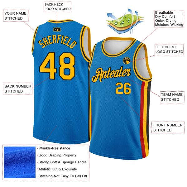 Blue Gold-Black Side Stripes Authentic City Edition Personalized Basketball Jersey - Image 2