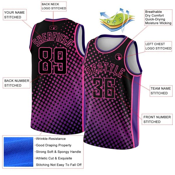 Black Pink-Purple Halftone Authentic City Edition Personalized Basketball Jersey - Image 2