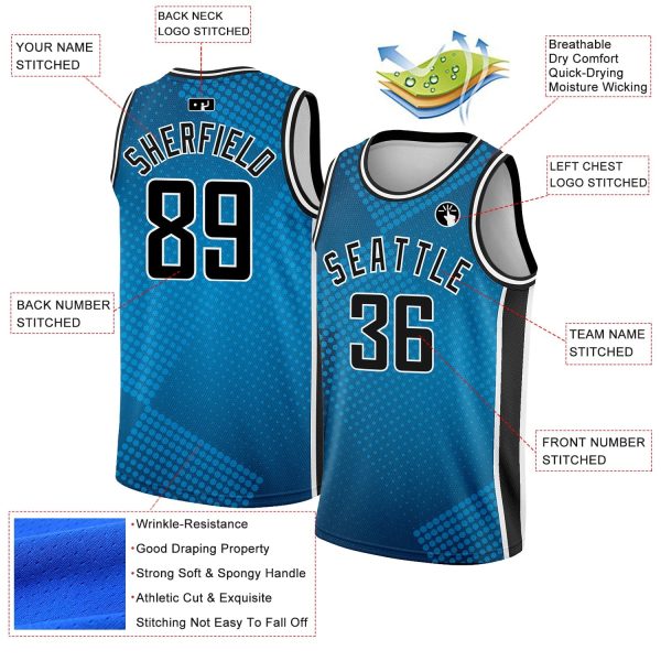 Blue Black-White Halftone Authentic City Edition Personalized Basketball Jersey - Image 2