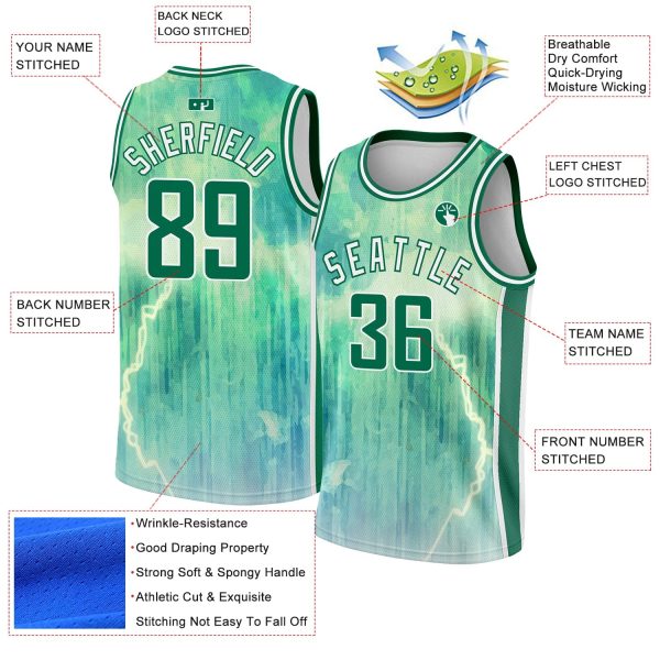 Pea Green Kelly Green-White Abstract Watercolor Monsoon Authentic City Edition Personalized Basketball Jersey - Image 2