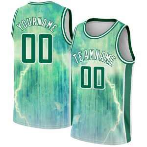 Pea Green Kelly Green-White Abstract Watercolor Monsoon Authentic City Edition Personalized Basketball Jersey