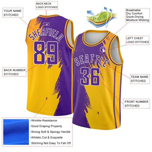 Gold Purple-White Abstract Brush Splash Authentic City Edition Personalized Basketball Jersey - Image 2