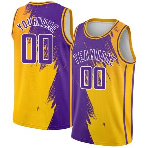 Gold Purple-White Abstract Brush Splash Authentic City Edition Personalized Basketball Jersey